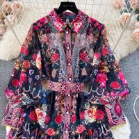 Minivestido playero de verano para mujer, Vestido holgado de gasa con mangas largas acampanadas y cinturón con estampado Vintage, con cordones, 6259 - details 3