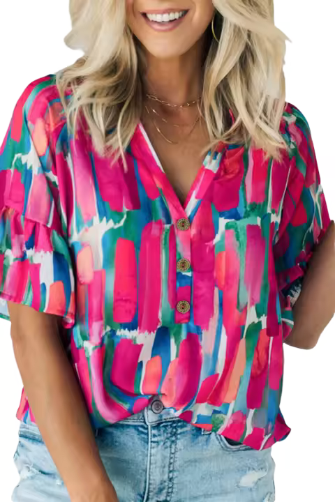 Blusa con Botones de Cuello en V para Mujeres Elrachen Mangas con Volantes, Estampado de Pincel Abstracto, Rosa Ligera, Tallas S-2XL - 1
