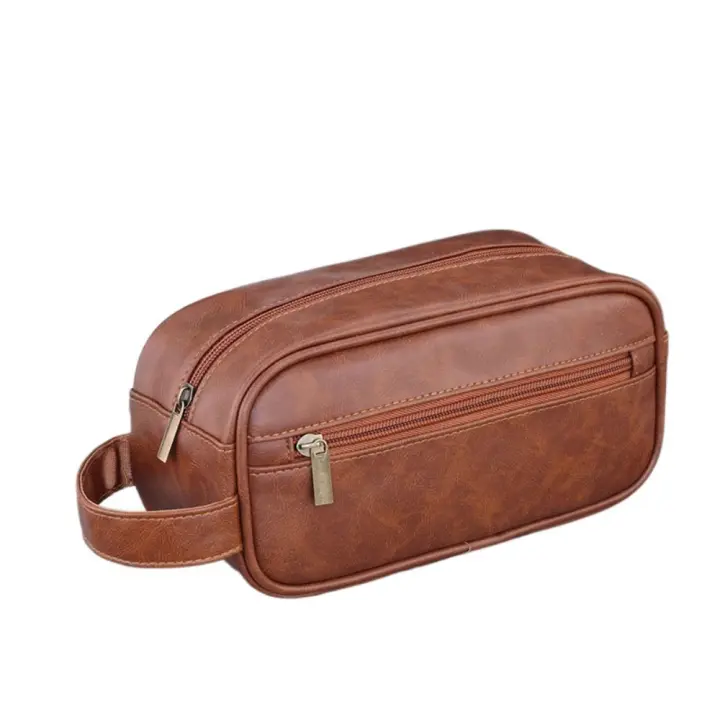 Neceser de cuero portátil con múltiples bolsillos para hombre, bolsa de almacenamiento de cosméticos de mano con cremallera, bolsa de maquillaje impermeable de gran capacidad para mujer - 1
