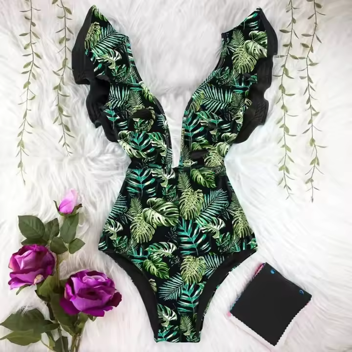 Traje de Baño de Una Pieza con Cuello en V y Estampado Floral Traje de Baño de Playa Tropical de Verano para Mujeres No Aceptable para Bebidas - 1