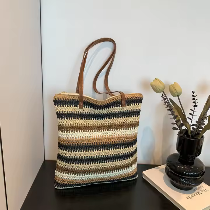 Bolso de hombro a rayas para mujer, Bolsa de paja tejida a mano, Bolsa de mano casual portátil de gran capacidad - 1