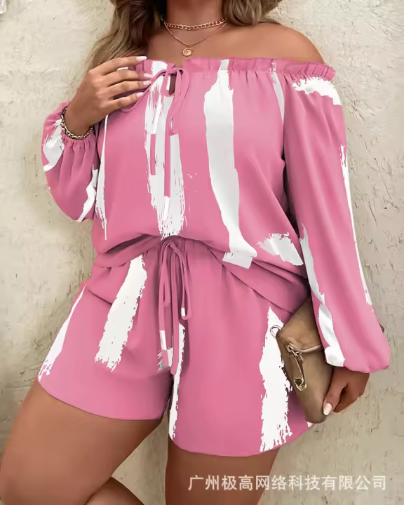 Nuevo conjunto de talla grande con estampado, pantalones cortos y manga larga con lazo en el hombro - 1