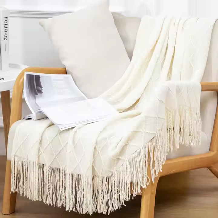 Manta de Punto con Borlas de Color Sólido Suave Ideal para Primavera/Verano - 1