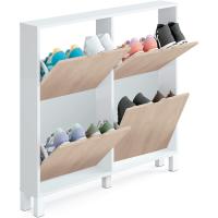 Recibidor Estrecho Zapatero con Patas de Entrada Pasillo, 4 Puertas, Blanco Alto Brillo y Roble Aurora, 8 Pares de Zapatos, Fondo 17cm, 97x98 (Alto x Ancho) Modelo Kay - details 1