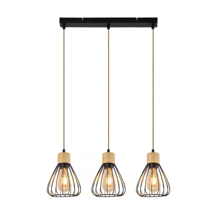 CBJKTX Lámpara colgante Vintage Industrial Retro para sala de estar, lámpara colgante de madera y cuerda de cáñamo, Metal negro, 3 llamas E27 - 1