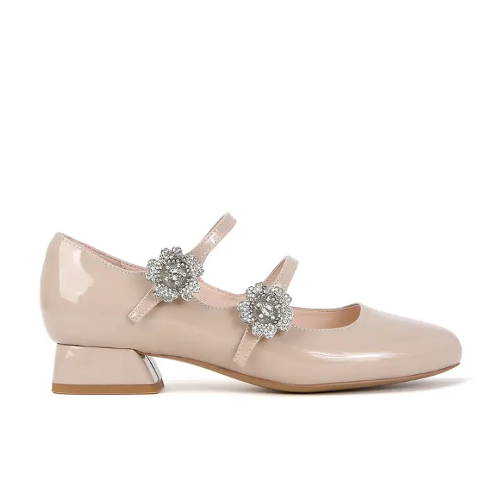 Zapatos Mary Jane de tacón grueso con cabeza cuadrada y flor de diamantes de imitación. - 1