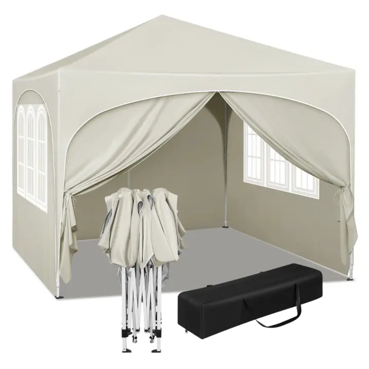 Gazebo plegable de 3x3m, con 4 paredes laterales, tienda de fiesta regulable en altura, color beige - 1