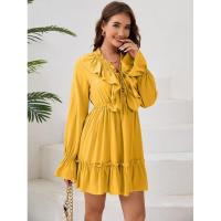 Vestido elegante de manga larga con cuello en V para mujer, vestido corto con volantes, color sólido, informal, nuevo en promoción - details 7