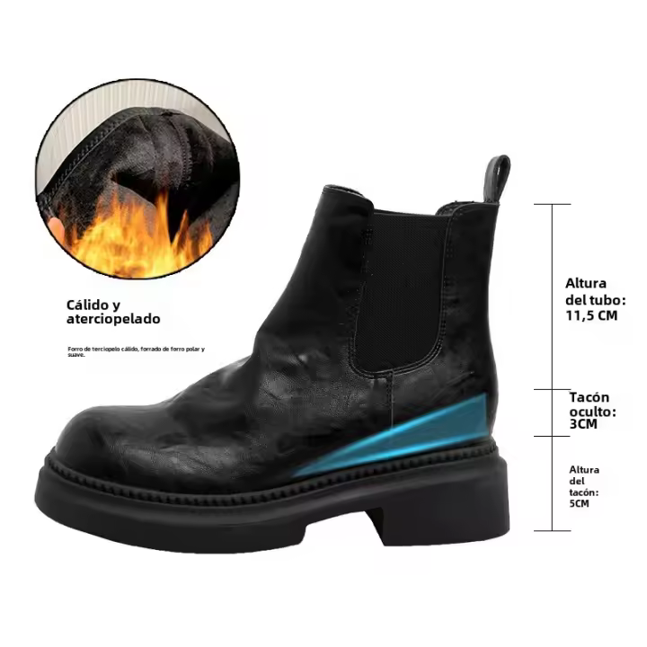Botas cortas de realce interior de piel de vaca lavada botas cortas Chelsea retro de tacón grueso plisado para mujer - 1