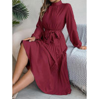 Elegante vestido corto de otoño invierno para mujer, con cuello alto, mangas plisadas y falda larga. - details 29