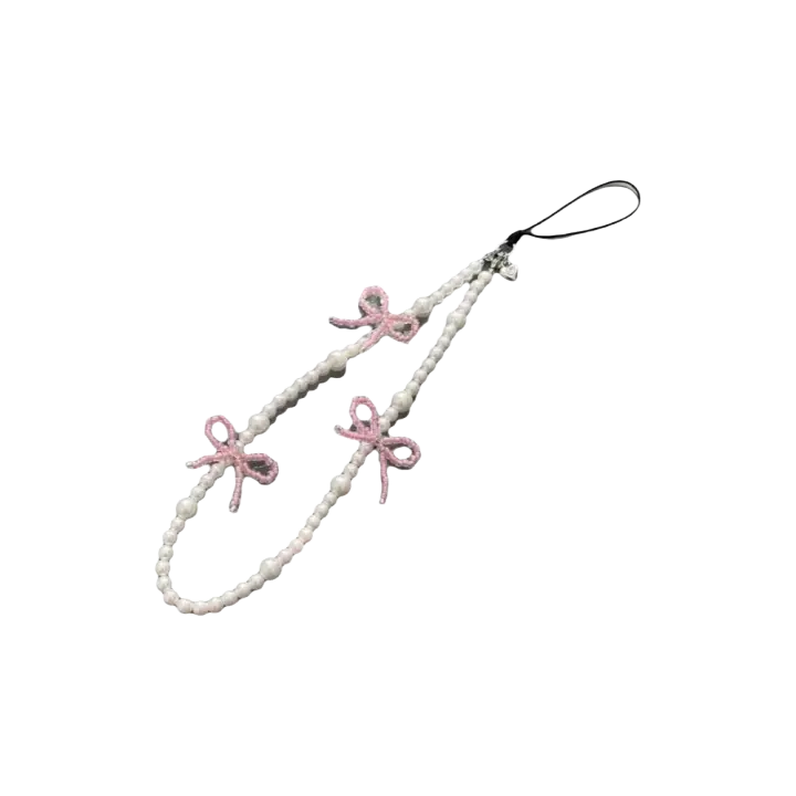 Colgante de perlas con lazo rosa bonito de Corea, abalorio para teléfono con cuentas para iPhone, accesorios, cordón, joyería para mujer y niña, correa de cuerda colgante - 1