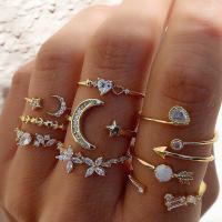 Juego de Anillos de Zirconia Boho Color Oro Letra de Cristal Amor Luna Arco Flor - details 4