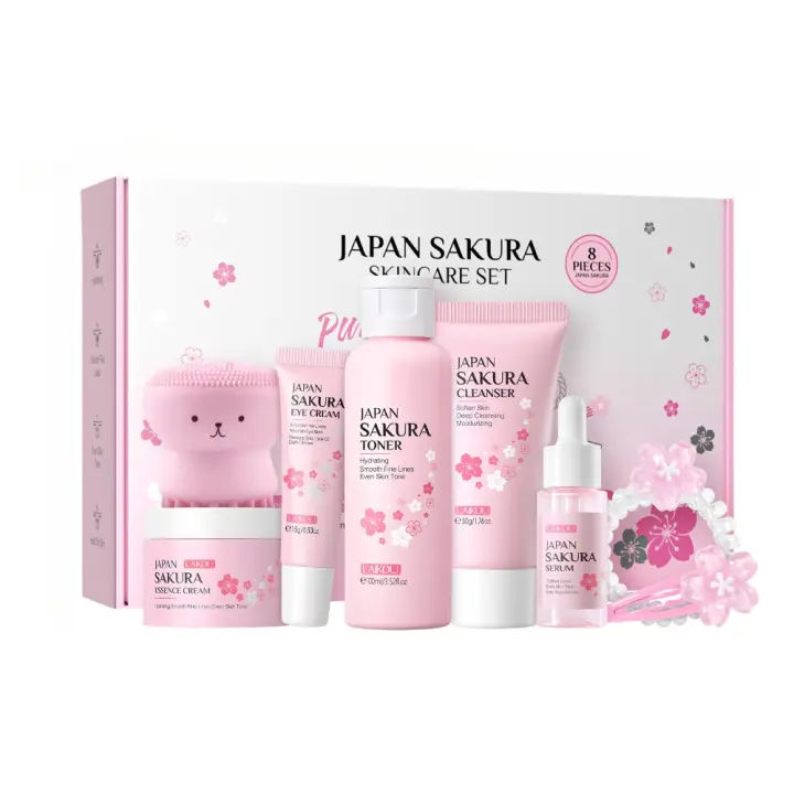 Set de Cuidado de la Piel Sakura Limpiador, Toner, Sérum, Crema de Ojos, Crema Facial, Horquilla y Lazo Conjunto de Belleza de Alta Valor - 1