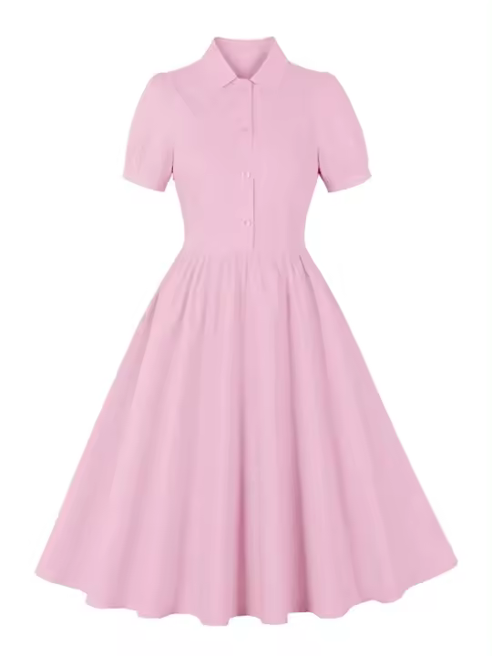 Nuevo Retro Turn propio cuello botón plisado puro algodón manga corta para, retro suave mujer, hasta la rodilla - 1