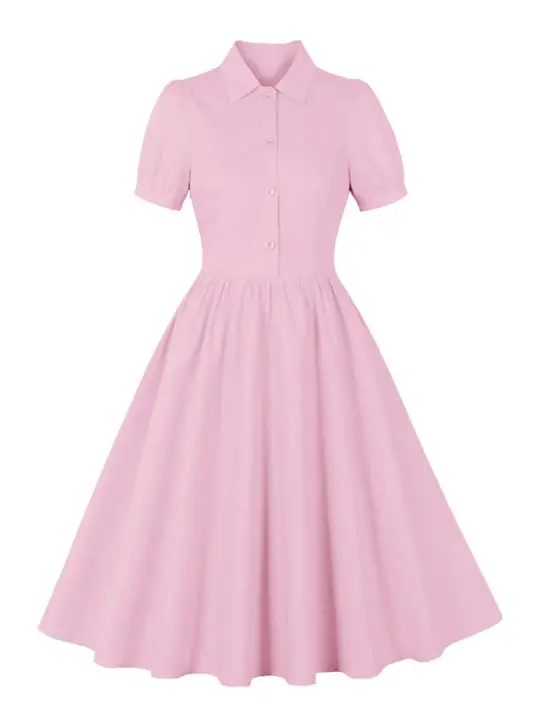 Nuevo Retro Turn propio cuello botón plisado puro algodón manga corta para, retro suave mujer, hasta la rodilla - 1