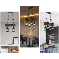 Lámpara colgante vintage industrial de metal y madera, 4 cabezales, pantalla de cristal E27, lámpara de araña de madera vintage - details 4