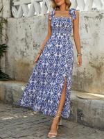 Vestido de playa informal con tirantes para mujer, estampado azul y blanco, lazo con abertura lateral, cintura elástica, verano - details 2