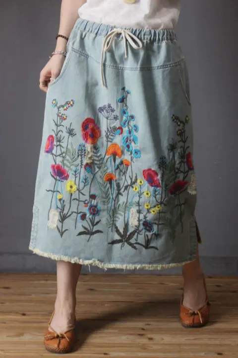 Falda de Mezclilla Bordada Suelta de Lujo Vintage Estilo Coreano para Mujeres Moda Casual de Calle con Floral Talla Grande Longitud Midi Material Exterior Denim - 1