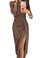 BUNO-Vestido de moda informal para mujer, vestido largo de fiesta de noche ajustado de manga larga con hombros descubiertos para mujer Vestidos de tubo divididos asimétricos - details 17