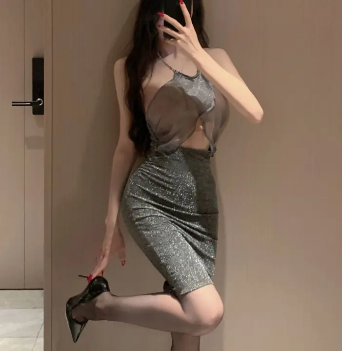 Lencería sexy nuevo 2024 vestido perspectiva malla profundo v pecho expuesto falda ajustada fetiche vestido largo látex sexy trajes xxx - 1