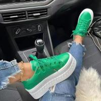 Plataforma de cuero para mujer, zapatillas de deporte de tacón grueso de color sólido, zapatos deportivos cómodos de moda planos casuales, zapatos de diseñador - details 4