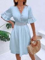 Vestido Blanco Puro de Verano Cintura de Encaje con Parche de Moda Cuello en V Manga Corta - details 1