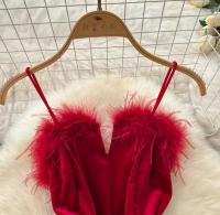 Vestido de fiesta de estilo navideño para mujer, diseño elegante de plumas, línea A - details 3