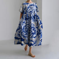 Novedad de verano, vestido elegante Vintage estampado de manga corta con cuello redondo, vestidos largos informales holgados con bolsillos y temperamento - details 2