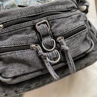 Bolso de hombro de mezclilla para mujer, bandolera de color sólido a la moda con correa ajustable, cierre de cremallera, forro de poliéster, bolso de viaje estilo coreano - details 14