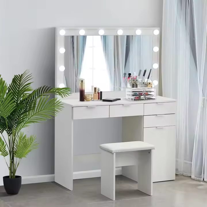 Regulable, Mesa de Tocador con 5 Cajones y Enchufes Eléctricos, Soporte para Secador de Cabello, - 1