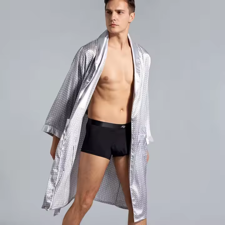 Bata de talla grande 3XL 4XL 5XL para hombre, ropa de dormir, Kimono a rayas azul marino, albornoz con bolsillo, ropa de verano de satén para el hogar, ropa de salón - 1