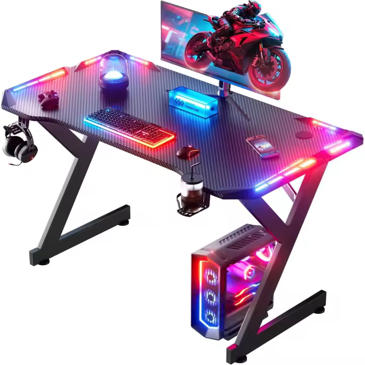 Mesa de Juegos LED 100 x 55 cm Mesa Ergonómica de Fibra de Carbono Portavasos y Ganchos para Auriculares Mesa de Esports en Negro - 1