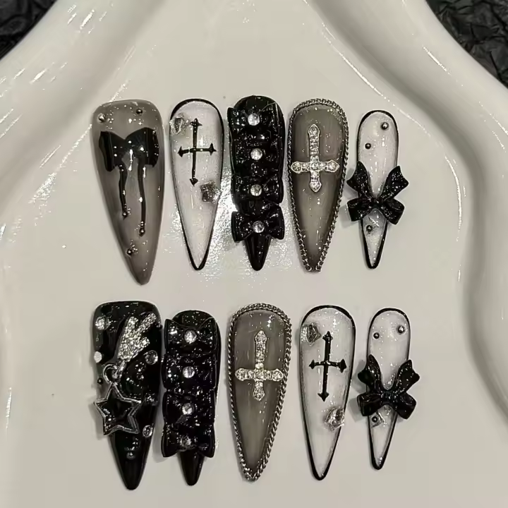 Uñas Postizas De Presión Manicura Estilo Stiletto Largas Y Con Decoración De Diamantes 10 Piezas Para Mujeres - 1