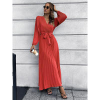 Vestido largo casual con cuello en V Murder de pliegues y encaje para damas 2025 - details 8