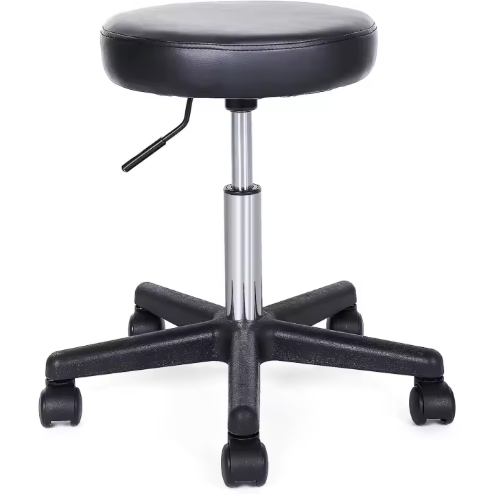 Taburete Giratorio Sobre Ruedas Regulable, 46-58 cm, Asiento de Cuero Sintético, Para Trabajo, Estudio, Oficina, Clínica Negro - 1