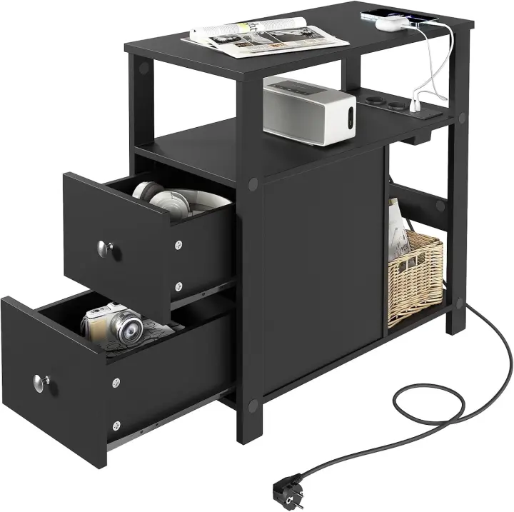 Mesita Auxiliar con Enchufe, Mesa Salón con 2 Cajones y 2 Estantes de Almacenaje, Mesa Delgada con Enchufe y Puertos USB, Apta para Salón y Dormitorio, Negro, 60x60x30 cm, BTS28sz - 1