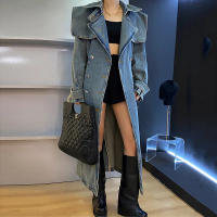 Abrigo de mezclilla largo para mujeres, trench de otoño e invierno, de manga larga, con cuello tipo chal, doble botonadura, con - details 5