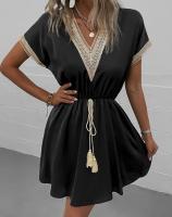 2025 Primavera/Verano Vestido de cintura con cuello en V y encaje de manga corta de color sólido - details 4