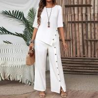 2025 Traje De Pantalones Con Dobladillo Irregular Para Mujer Elegante Moda Casual Botón Camisa De Media Manga Suelta Conjunto De Dos Piezas - details 1