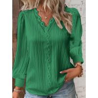 Blusa Informal De Manga Larga Con Cuello En V Para Mujer, Camisa De Retazos De Encaje, Color Sólido, Para Oficina, Primavera - details 7