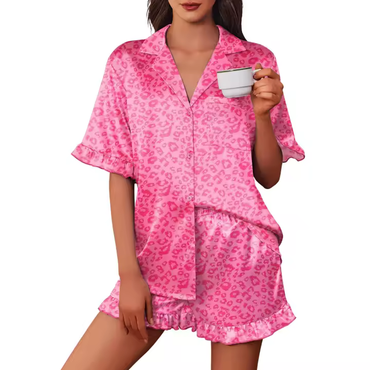 Pijamas de satén para mujer Conjunto de pijama de seda con botones y estampado de mangas con volantes - 1