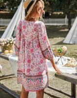 Vestido corto bohemio de manga larga para mujer 2025, vestido casual holgado con cuello en V - details 1