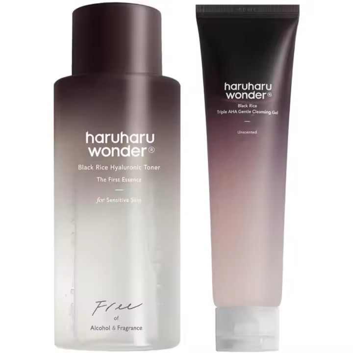 Haruharu Wonder Black Rice Tónico hialurónico para pieles sensibles y paquete de gel de limpieza triple AHA - 1