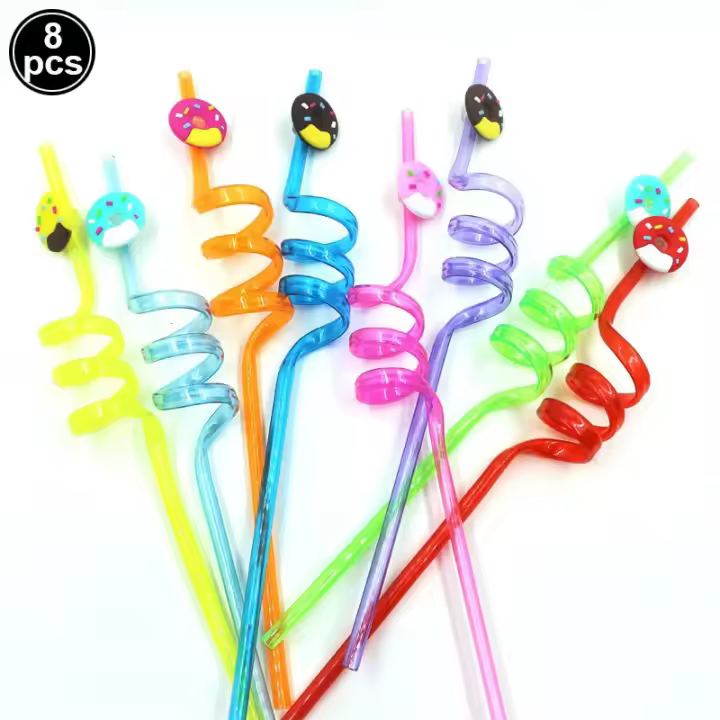 Pajitas reutilizables de plástico para Donuts, suministros para fiestas de cumpleaños, Baby Shower, decoración de cumpleaños, 8 unidades - 1