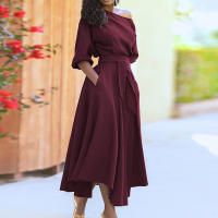 2025 primavera ropa de mujer europea y americana correa cintura temperamento vestido de hombro inclinado - details 4