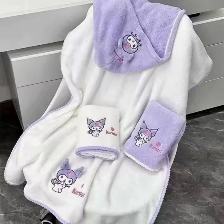 Toalla de baño de felpa Coral para niños de Anime Kuromi, combinación absorbente y sin pelo, envoltura de secado rápido para ducha de niña suave - 1