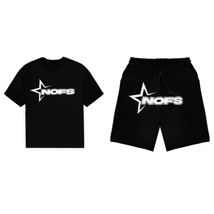 Primavera y novedad de verano, traje deportivo informal, conjunto de dos piezas de pantalones cortos de manga corta con estampado de letras NOFS de calle americana - 1