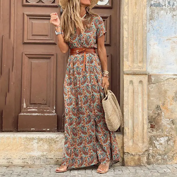 Vestido floral bohemio con cuello en V a la moda para mujer - 1