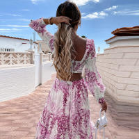 Falda larga para mujer, vestido con vuelo de cintura alta floral con cuello en V hueco para ir al trabajo, novedad de 2025 - details 2