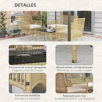 Juego de muebles de terraza de ratán de 4 piezas con 1 sofá de 2 plazas, 2 sillones, cojines y 1 mesa de centro de vidrio para patio, color natural y beige. - details 1